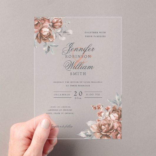 Elegant Script Wedding Rose Gold Rustic Floral  Acryl Uitnodigingen (Insitu (Draagbaar))