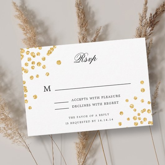Elegant Script Wedding RSVP Gold Glitter Confetti Kaartje