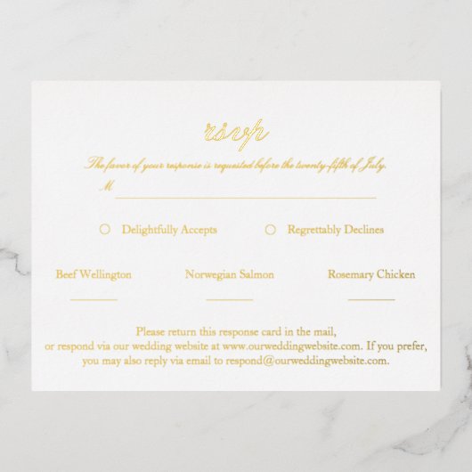 Elegant Script Wedding RSVP Real Gold Folie Uitnodiging Briefkaart (Voorkant)