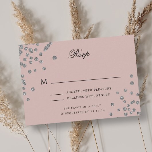 Elegant Script Wedding RSVP Silver Confetti Blush Kaartje