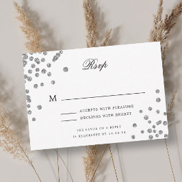 Elegant Script Wedding RSVP Silver Confetti Paarse Kaartje
