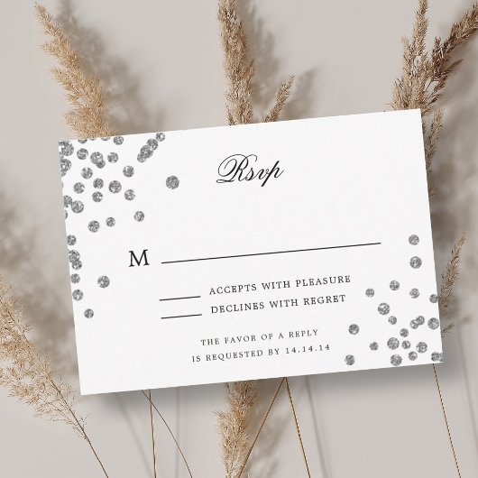 Elegant Script Wedding RSVP Silver Confetti Paarse Kaartje