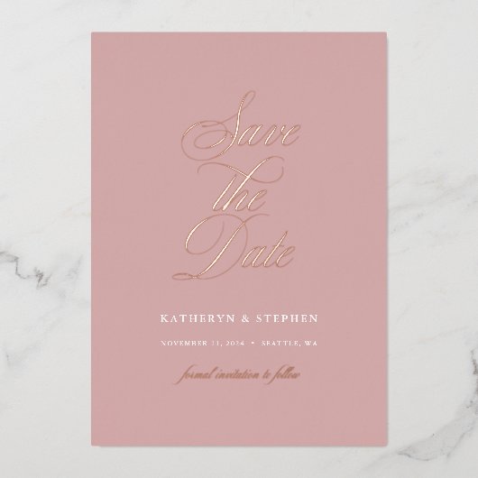 Elegant Script Wedding Save the Date Roos Gold Folie Uitnodiging (Voorkant)