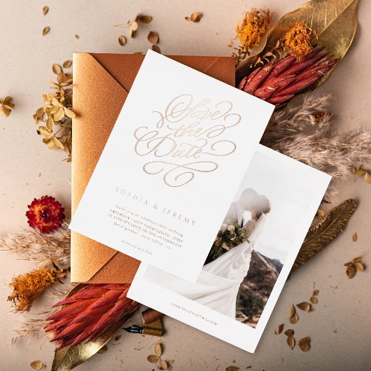 Elegant Script Wedding Save the Date Roos Gold Folie Uitnodiging