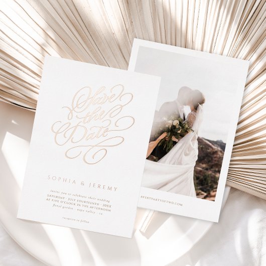 Elegant Script Wedding Save the Date Roos Gold Folie Uitnodiging