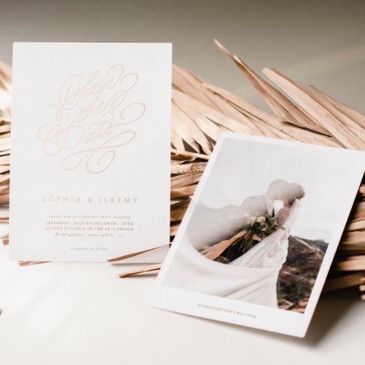 Elegant Script Wedding Save the Date Roos Gold Folie Uitnodiging