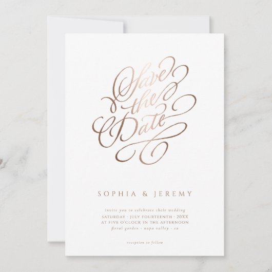 Elegant Script Wedding Save the Date Roos Gold Kaart (Voorkant)
