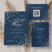 Elegant Script Wedding Silver Confetti QR Navy Kaart