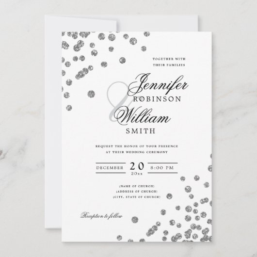 Elegant Script Wedding Silver Confetti QR RSVP Kaart (Voorkant)