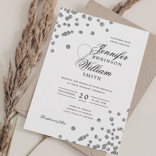 Elegant Script Wedding Silver Confetti QR RSVP Kaart