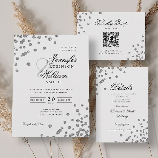 Elegant Script Wedding Silver Confetti QR RSVP Kaart