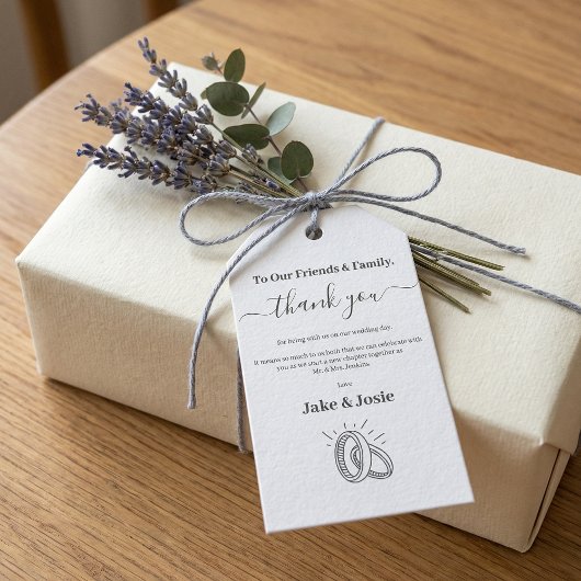 Elegant Script Wedding Thank You with Rings Cadeaulabel
