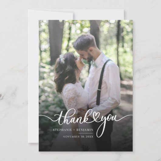 Elegant Script Weduwdag Foto Hartelijk dank Kaart (Voorkant)