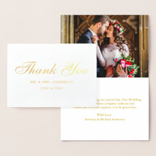 Elegant Script Weduwfoto Hartelijk dank Gold Folie Kaarten