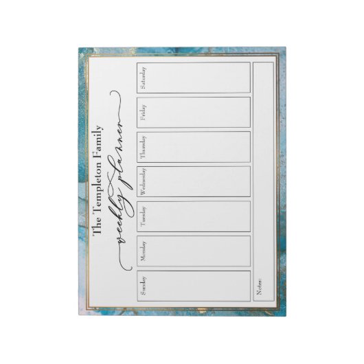 Elegant Script Weekly Planner Blauwgroen & Gold Ar Notitieblok (Linkerzijde)
