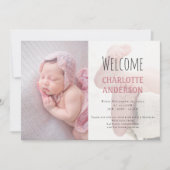 Elegant Script Welcome Baby Girl Foto Roze geboort Aankondiging (Voorkant)