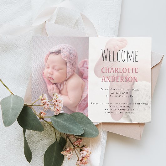 Elegant Script Welcome Baby Girl Foto Roze geboort Aankondiging