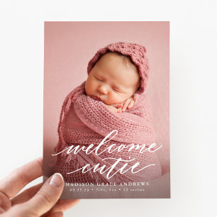 Elegant Script Welcome Cutie Photo Birth Aankondiging