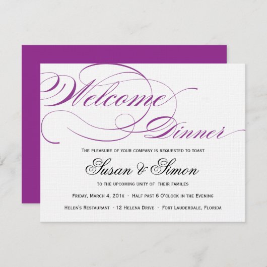 Elegant Script Welkome diner Uitnodiging Paars (Voorkant / Achterkant)