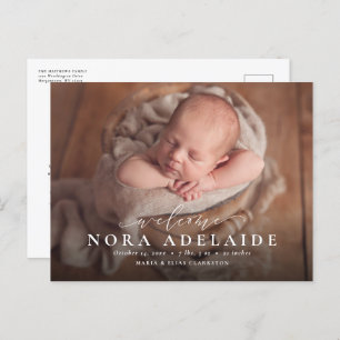 Elegant script welkome eenvoudige geboorteaankondi aankondigingskaart