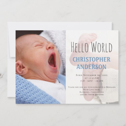 Elegant Script Welkomstjongetje Foto Blauw geboort Aankondiging (Voorkant)