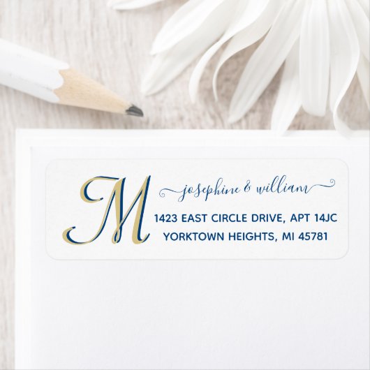 Elegant Script White Blue Custom Monogram Adres Etiket (Insitu)