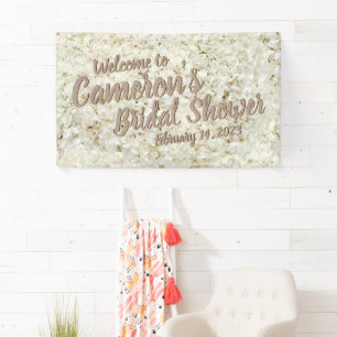 Elegant Script White Floral Vrijgezellenfeest Back Spandoek