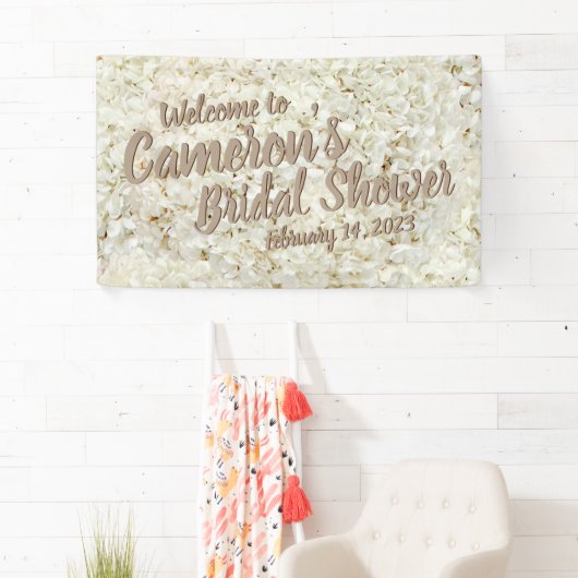 Elegant Script White Floral Vrijgezellenfeest Back Spandoek (Insitu)