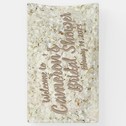 Elegant Script White Floral Vrijgezellenfeest Back Spandoek (Verticaal)