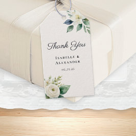 Elegant Script White Flowers Botanical Wedding Cadeaulabel