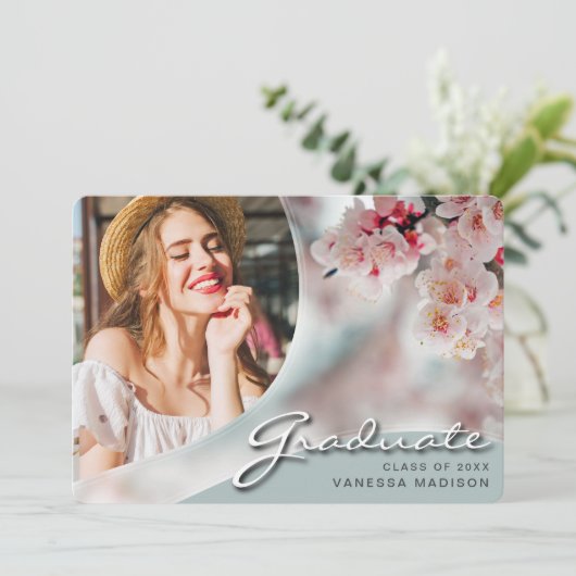 Elegant Script White Flowers | Modern Photo Afstud Aankondiging (Staand voorkant)