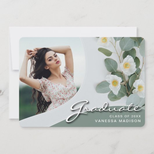 Elegant Script White Flowers | Modern Photo Afstud Aankondiging (Voorkant)