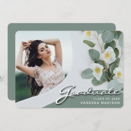 Elegant Script White Flowers | Modern Photo Afstud Aankondiging