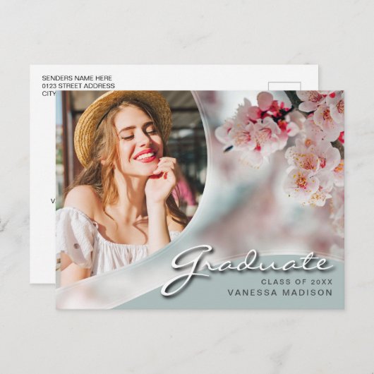 Elegant Script White Flowers | Modern Photo Afstud Briefkaart (Voorkant / Achterkant)