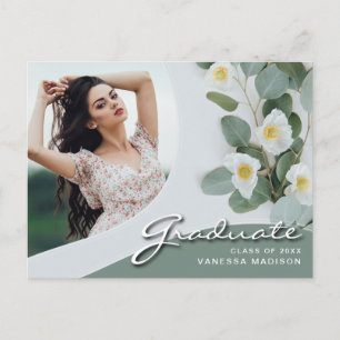 Elegant Script White Flowers Modern Photo Afstud Briefkaart