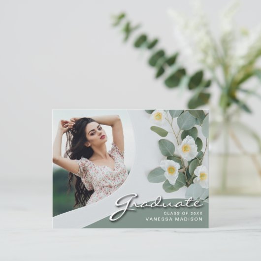 Elegant Script White Flowers | Modern Photo Afstud Briefkaart (Staand voorkant)
