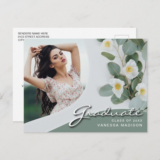 Elegant Script White Flowers | Modern Photo Afstud Briefkaart (Voorkant / Achterkant)