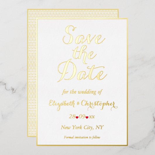 Elegant Script White Gold Wedding Save the Date Folie Uitnodiging (Voorkant / Achterkant)