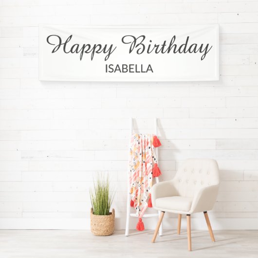 Elegant Script White Grey Happy Birthday Spandoek (Insitu)