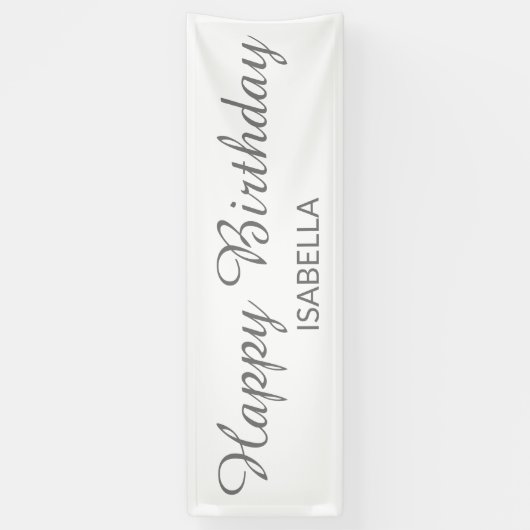 Elegant Script White Grey Happy Birthday Spandoek (Verticaal)