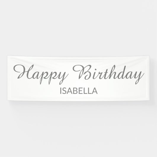 Elegant Script White Grey Happy Birthday Spandoek (Horizontaal)