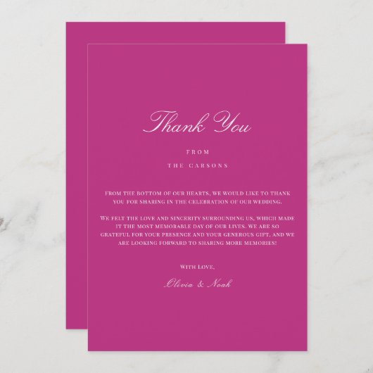 Elegant Script White & Magenta Bedankt Card (Voorkant / Achterkant)
