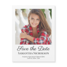 Elegant Script White Photo Afstuderen Save Date