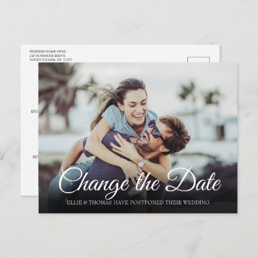 Elegant script Wijzig de datum uitgestelde foto Aankondigingskaart (Voorkant / Achterkant)