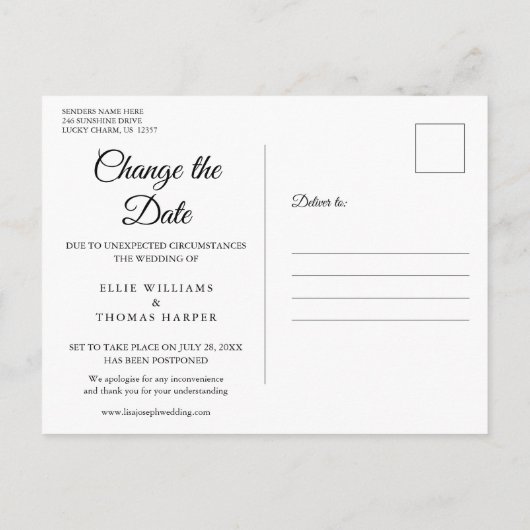 Elegant script Wijzig de datum uitgestelde foto Aankondigingskaart (Achterkant)