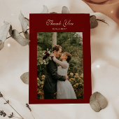 Elegant Script Wine Red Wedding Photo Bedankkaart