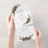 Elegant Script Winter Greenery Pine Cone Wedding All In One Uitnodiging (Afscheurbaar)