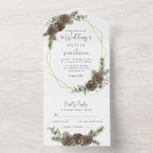 Elegant Script Winter Greenery Pine Cone Wedding All In One Uitnodiging (Binnen)