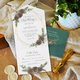 Elegant Script Winter Greenery Pine Cone Wedding All In One Uitnodiging