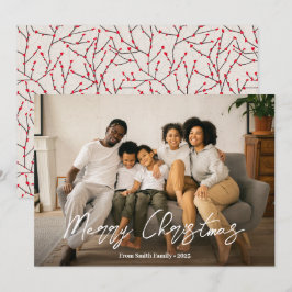 Elegant Script Winterberry Pattern Family Foto Feestdagenkaart